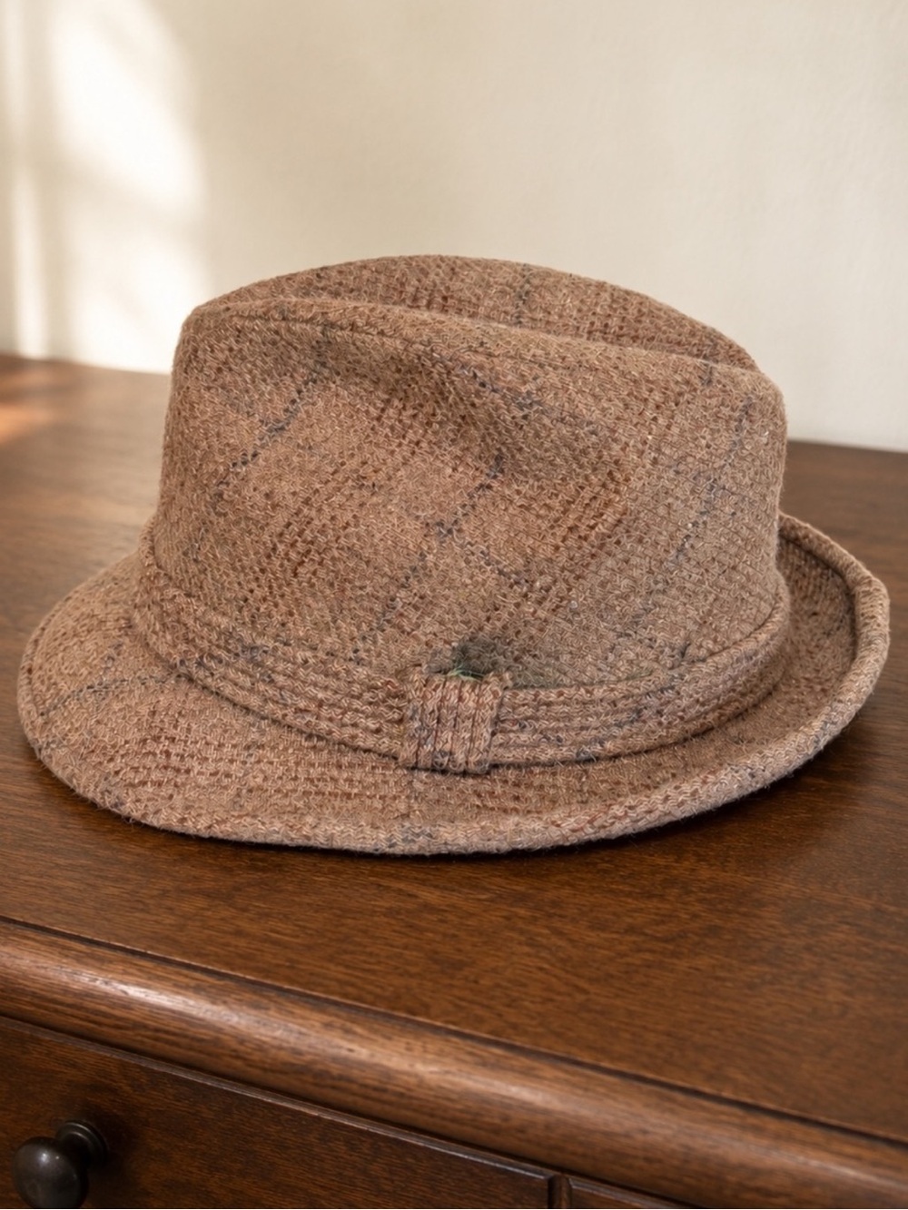 Vintage Stevens Wool Tweed Fedora Trilby Hat Brown USA Size 7¼ Mid Century